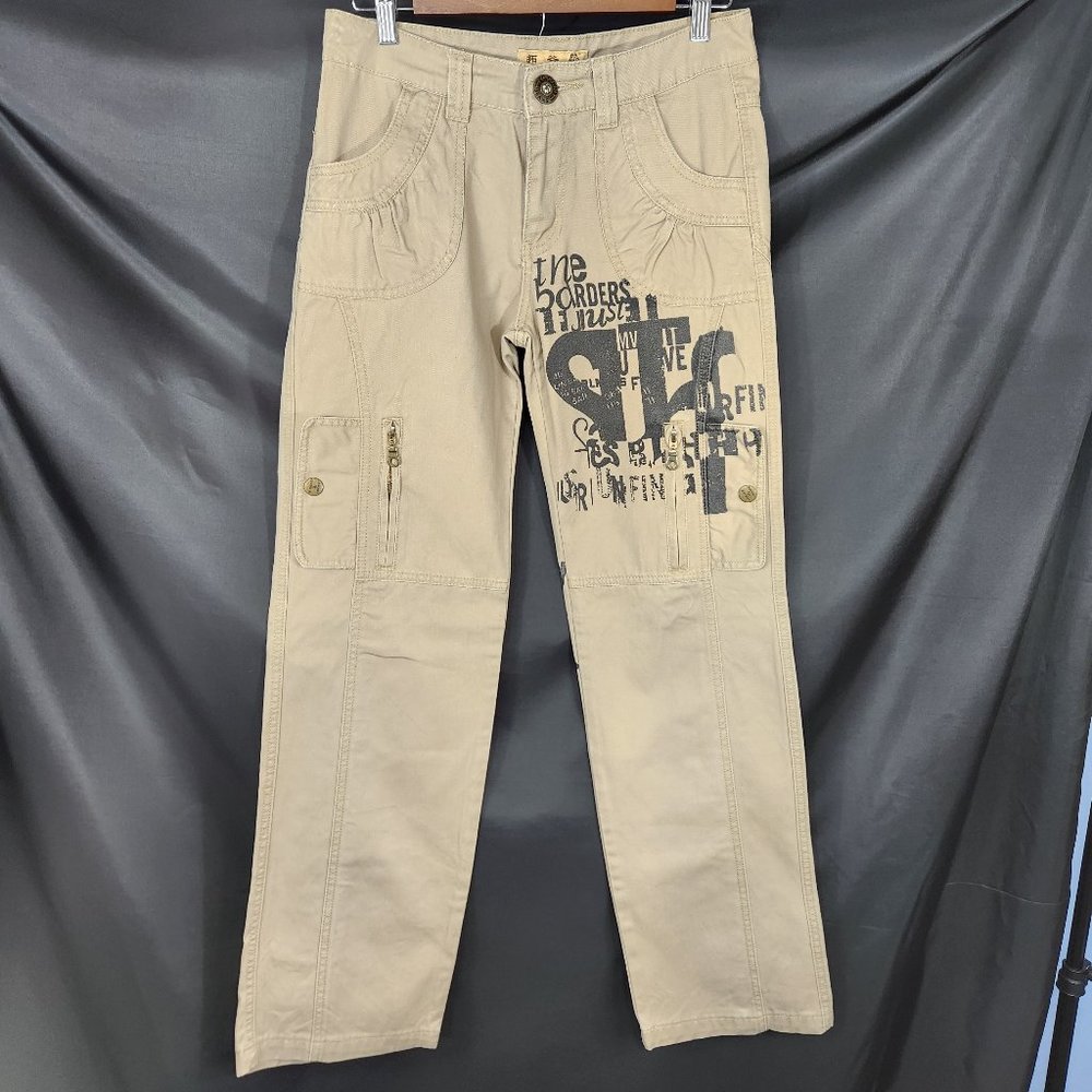 y2k Women's Khaki Color Jeans with Black Graphics Size M (JJ-09)